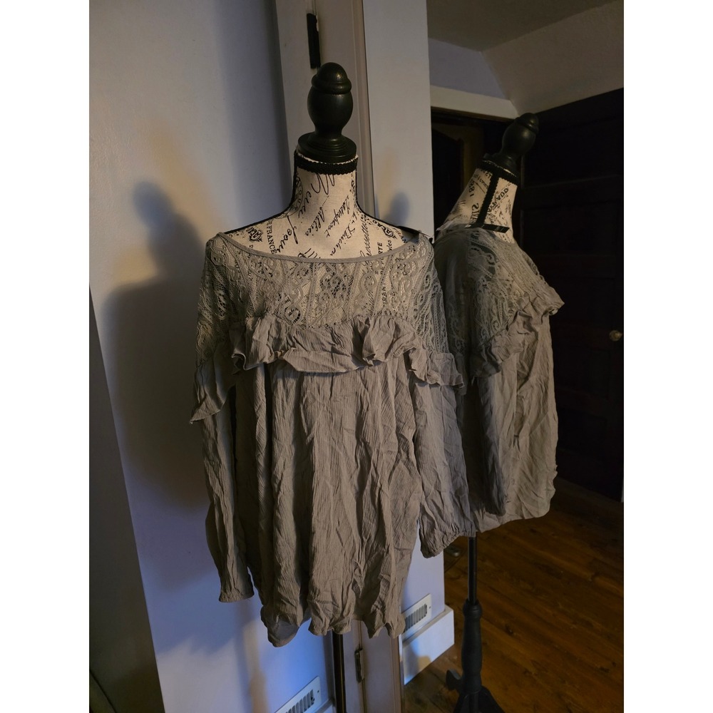 Unique Spectrum Womens 2X Lace Ruffle Long Sleeve Blouse Olive Green Boho Top